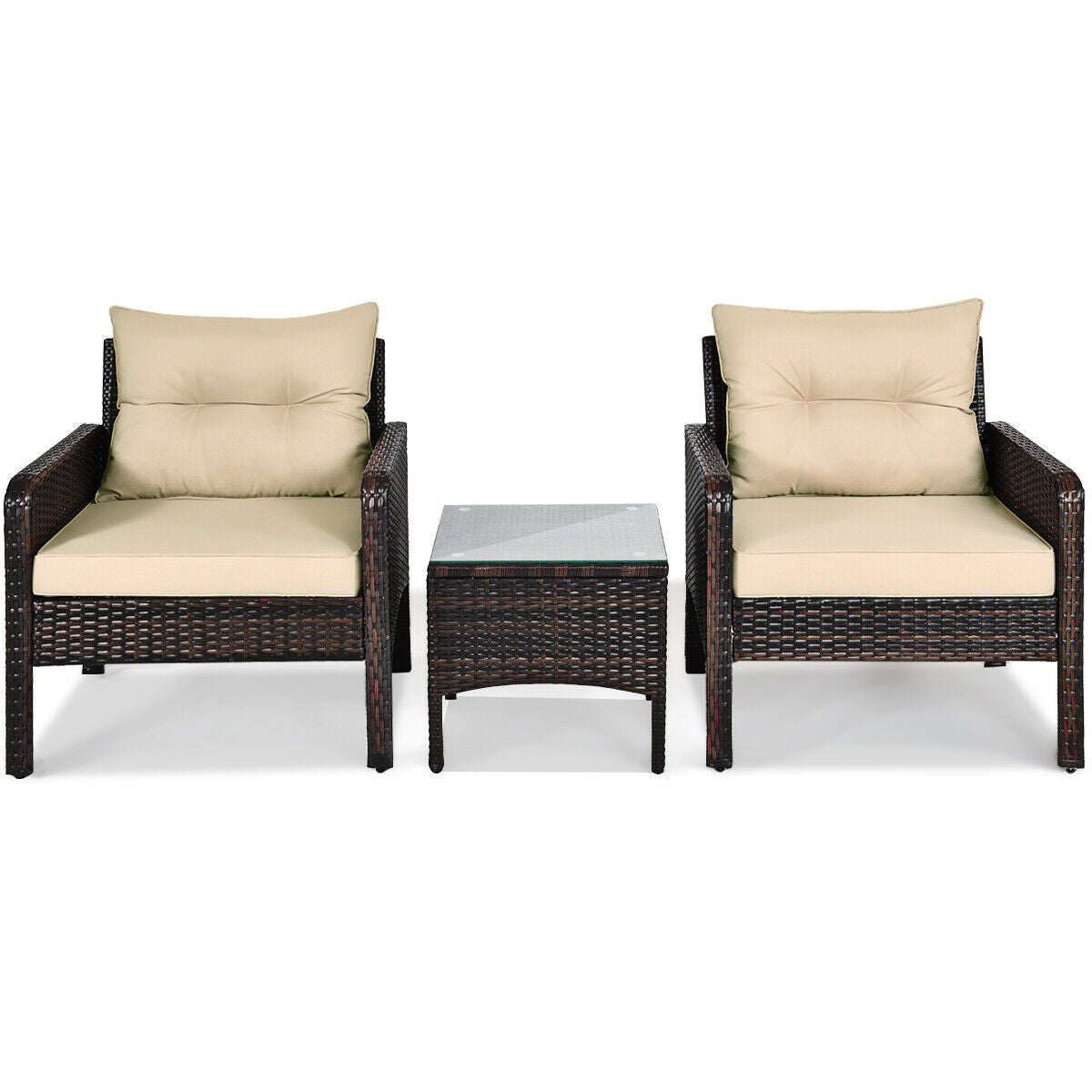 Another angle of the 3-Piece Beige Rattan Outdoor Patio Conversation Set showcasing two armchairs and a central table with glass top.