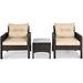 Another angle of the 3-Piece Beige Rattan Outdoor Patio Conversation Set showcasing two armchairs and a central table with glass top.