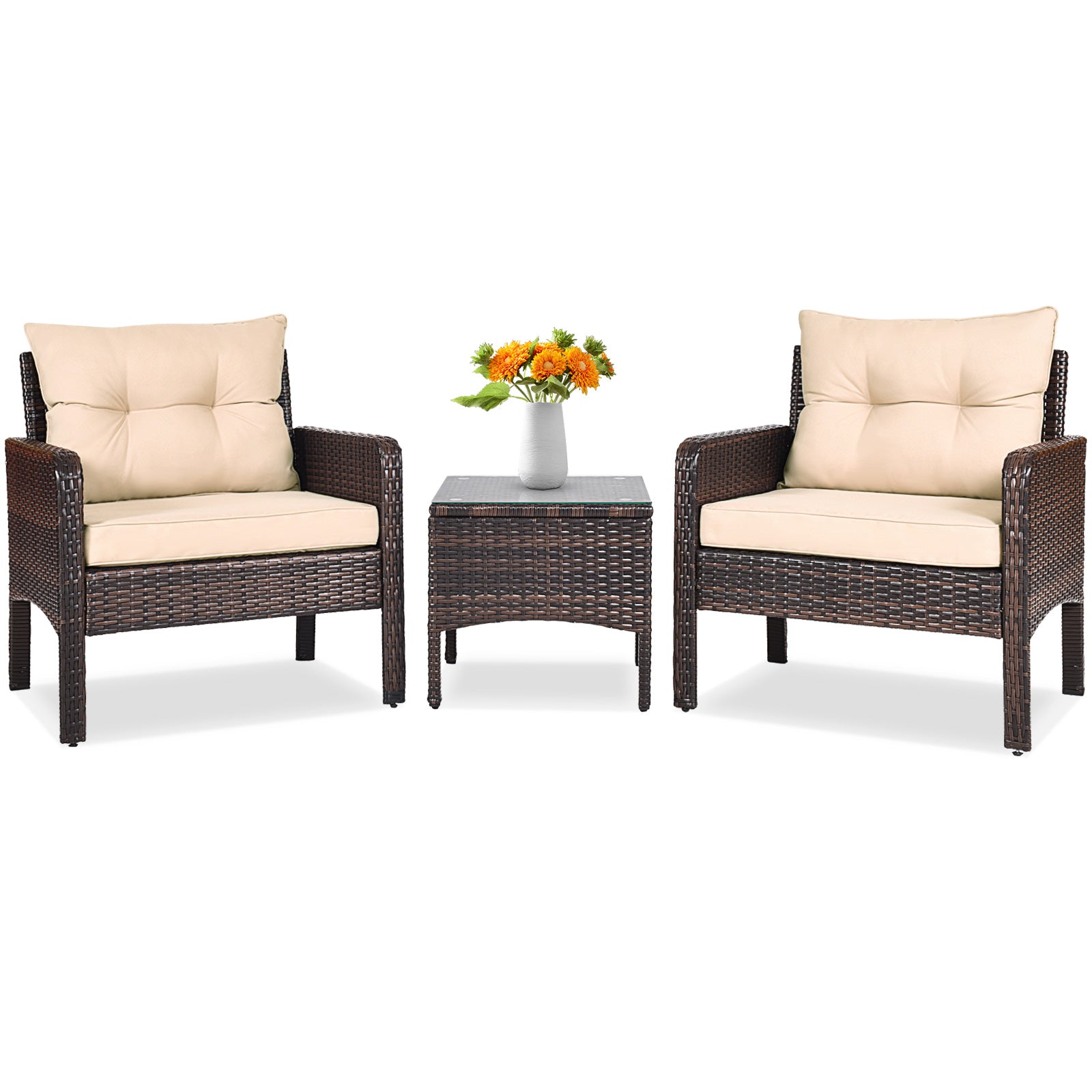 3-Piece Beige Rattan Outdoor Patio Conversation Set with Cushions & Tempered Glass Table, styled with a flower vase, ideal for cozy outdoor gatherings.