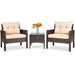 3-Piece Beige Rattan Outdoor Patio Conversation Set with Cushions & Tempered Glass Table, styled with a flower vase, ideal for cozy outdoor gatherings.