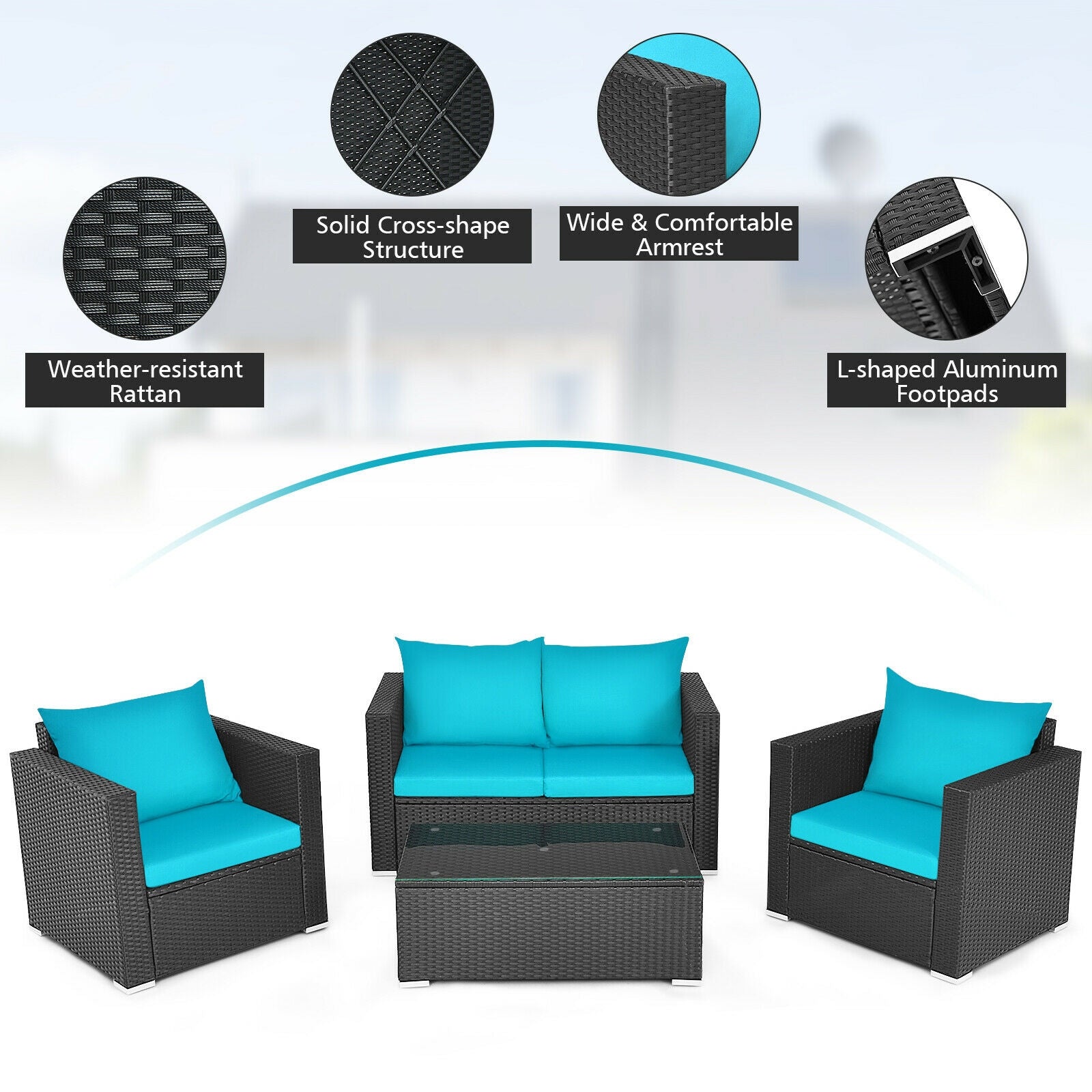Detailed view of the 4-Piece Turquoise Patio Rattan Sofa Set, focusing on weather-resistant materials, comfortable armrests, and sturdy construction.