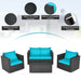 Detailed view of the 4-Piece Turquoise Patio Rattan Sofa Set, focusing on weather-resistant materials, comfortable armrests, and sturdy construction.