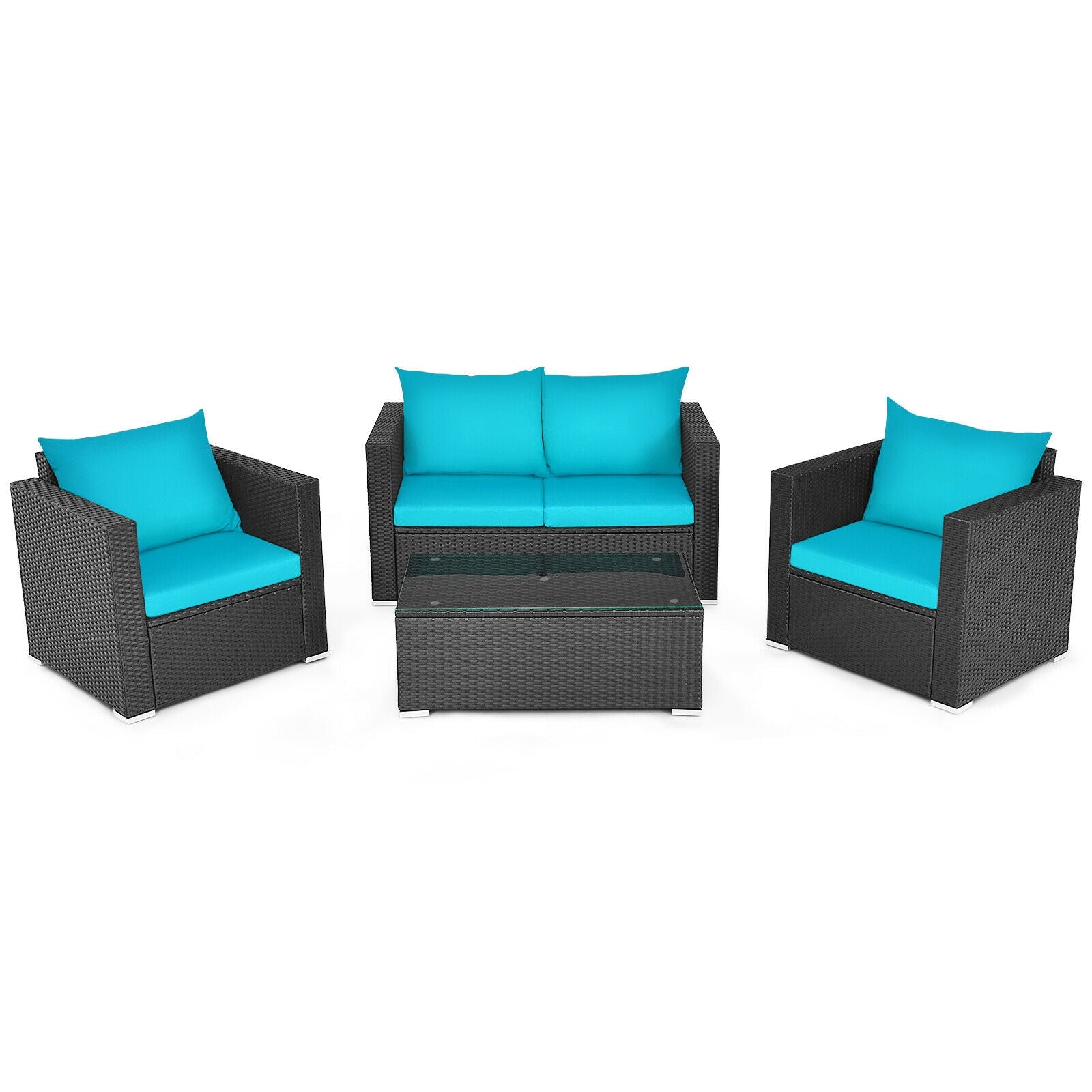 4-Piece Turquoise Patio Rattan Sofa Set with Cushions & Tempered Glass Table displayed indoors, highlighting the modern design and vibrant color.