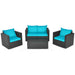 4-Piece Turquoise Patio Rattan Sofa Set with Cushions & Tempered Glass Table displayed indoors, highlighting the modern design and vibrant color.