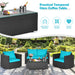 Stylish coffee table from the 4-Piece Turquoise Patio Rattan Sofa Set, showcasing a tempered glass top with drinks and snacks in a beautiful garden.