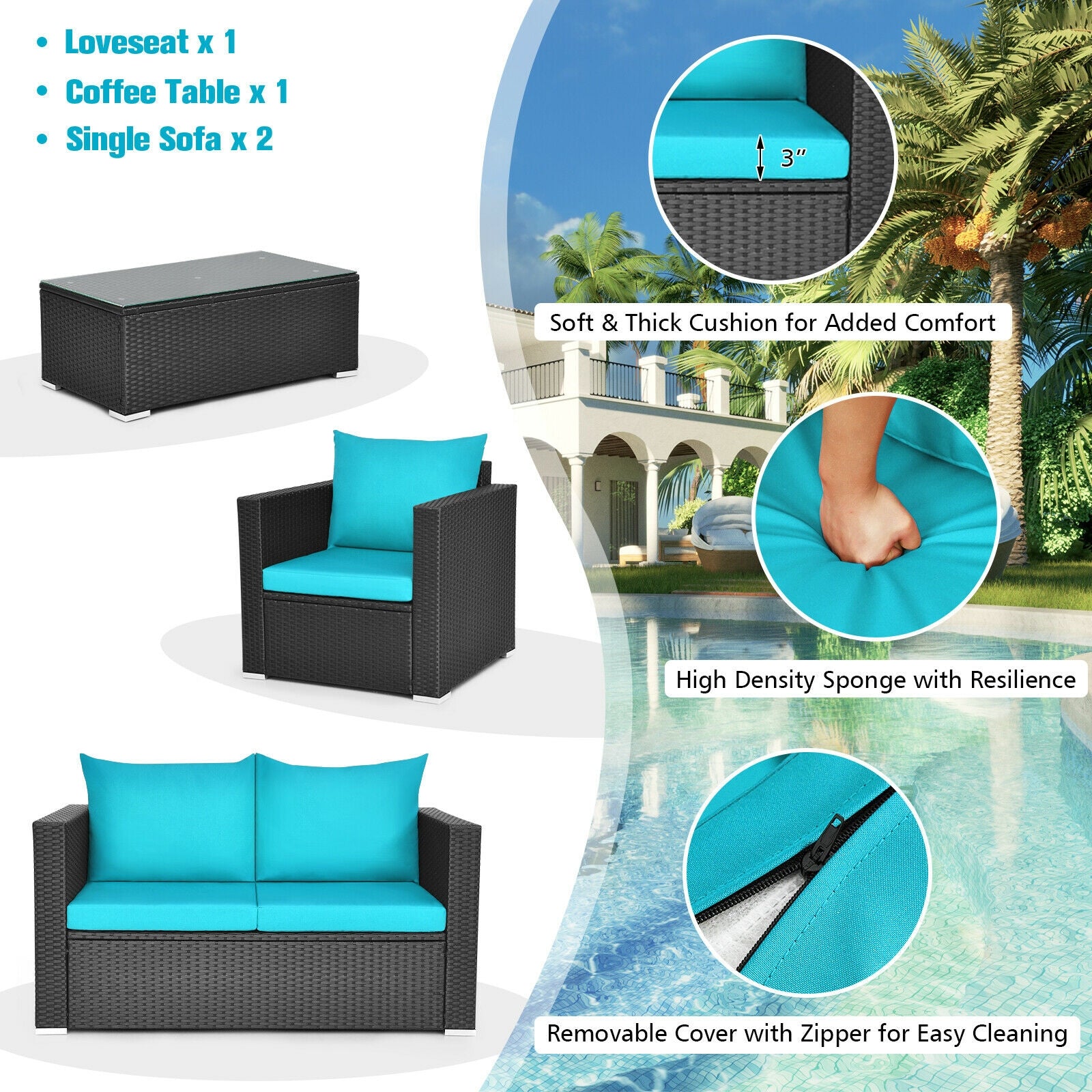 Components of the 4-Piece Turquoise Patio Rattan Sofa Set including a loveseat, coffee table, and single sofas highlighting soft cushions and easy cleaning features.