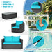 Components of the 4-Piece Turquoise Patio Rattan Sofa Set including a loveseat, coffee table, and single sofas highlighting soft cushions and easy cleaning features.