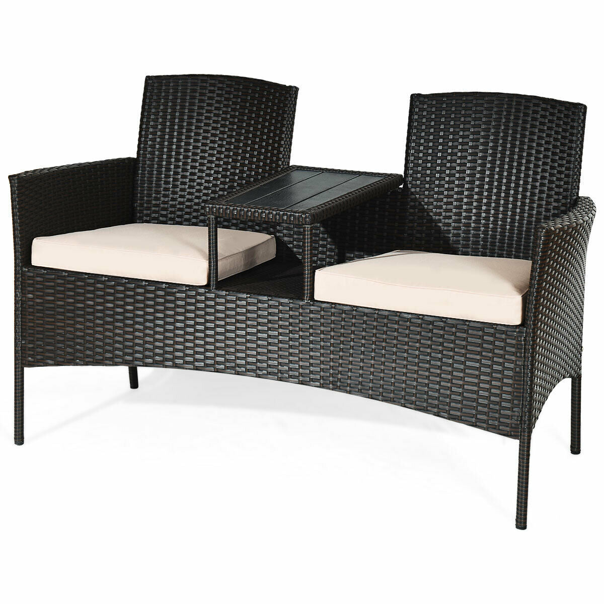 Modern Patio Conversation Set With Coffee Table, Cushions, Rugged PE Rattan, Beige showcasing a minimalist look with a comfortable design.