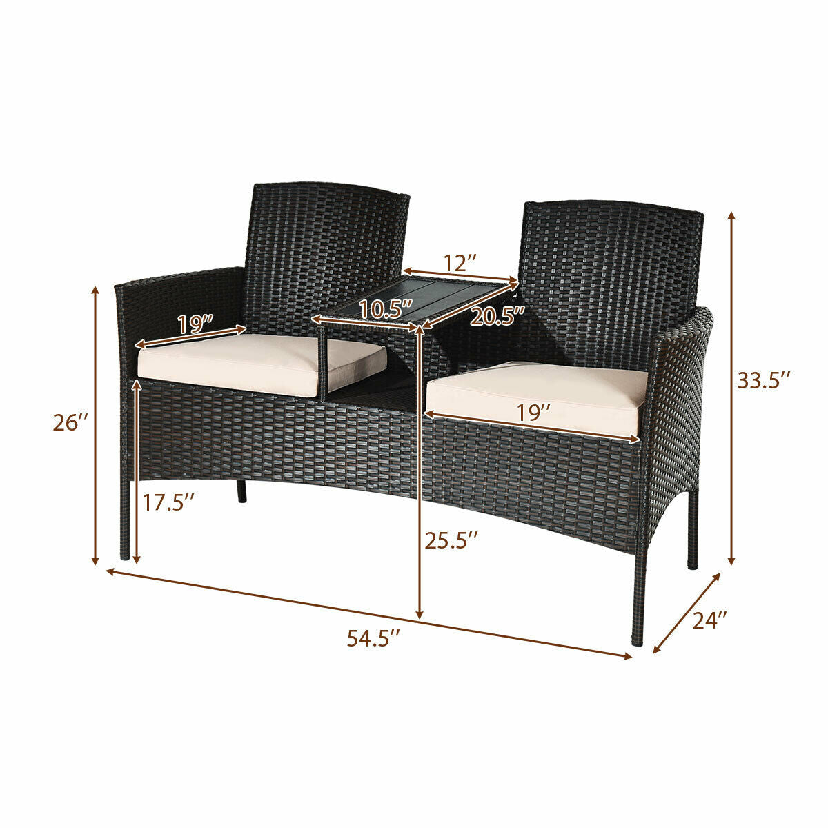 Modern Patio Conversation Set With Coffee Table, Cushions, Rugged PE Rattan, Beige highlighting dimensions and features for easy reference.