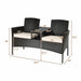 Modern Patio Conversation Set With Coffee Table, Cushions, Rugged PE Rattan, Beige highlighting dimensions and features for easy reference.