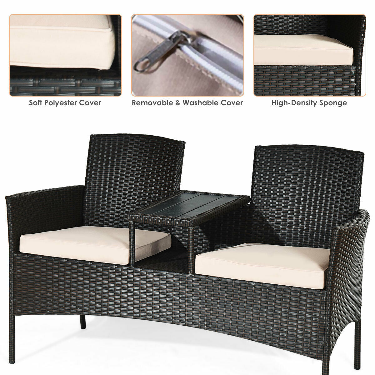 Modern Patio Conversation Set With Coffee Table featuring a soft polyester cushion cover, removable and washable cover, and high-density sponge for comfort.