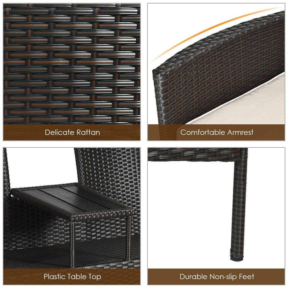 Close-up of the Modern Patio Conversation Set With Coffee Table showcasing delicate rattan, comfortable armrest, plastic table top, and durable non-slip feet.