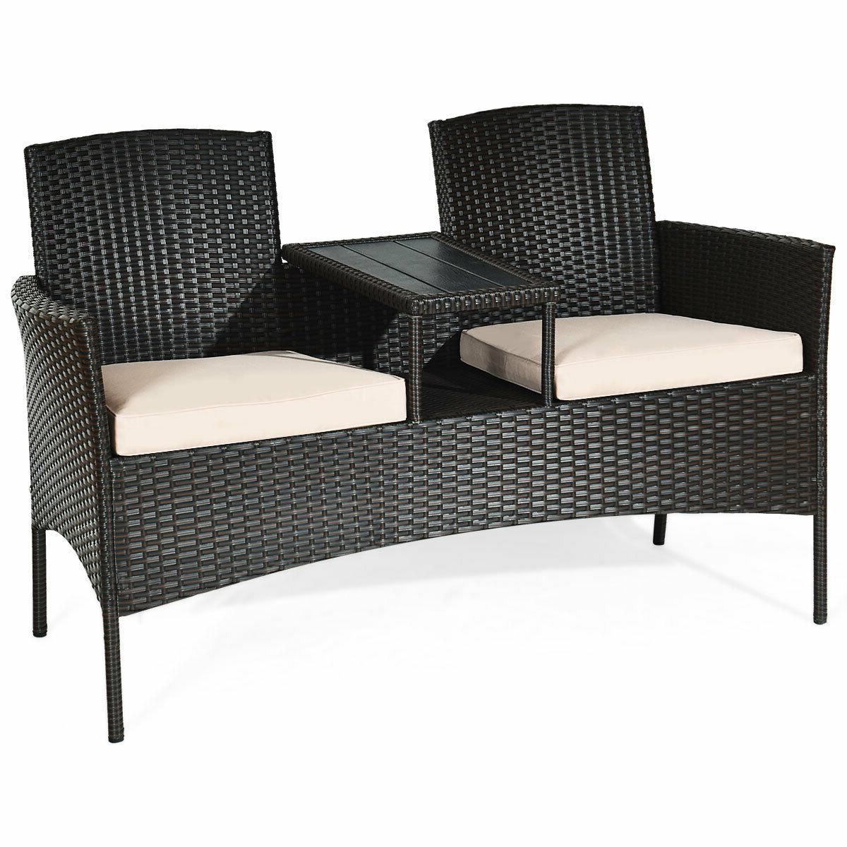 Modern Patio Conversation Set With Coffee Table, Cushions, Rugged PE Rattan, Beige featuring a stylish curved sofa design and integrated table.