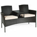 Modern Patio Conversation Set With Coffee Table, Cushions, Rugged PE Rattan, Beige featuring a stylish curved sofa design and integrated table.