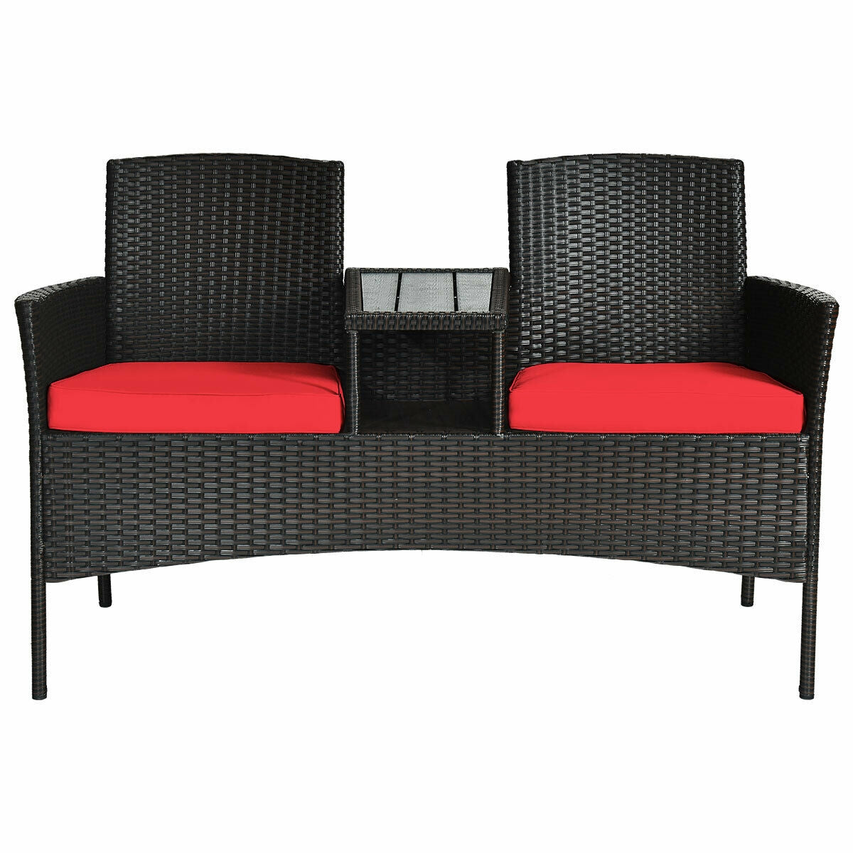 Modern 2-Piece Patio Conversation Set with Built-in Coffee Table & Thick Cushions - Red, showcasing a front view of the elegant chair and coffee table combo, perfect for enhancing outdoor spaces.