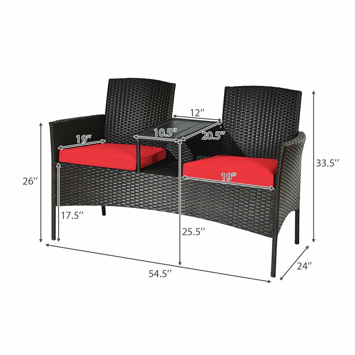 Dimensions of Modern 2-Piece Patio Conversation Set with Built-in Coffee Table & Thick Cushions - Red, displaying measurements for a compact outdoor seating solution.