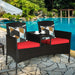 Modern 2-Piece Patio Conversation Set with Built-in Coffee Table & Thick Cushions - Red, featuring stylish seating by a pool, accented with colorful pillows and a coffee table.