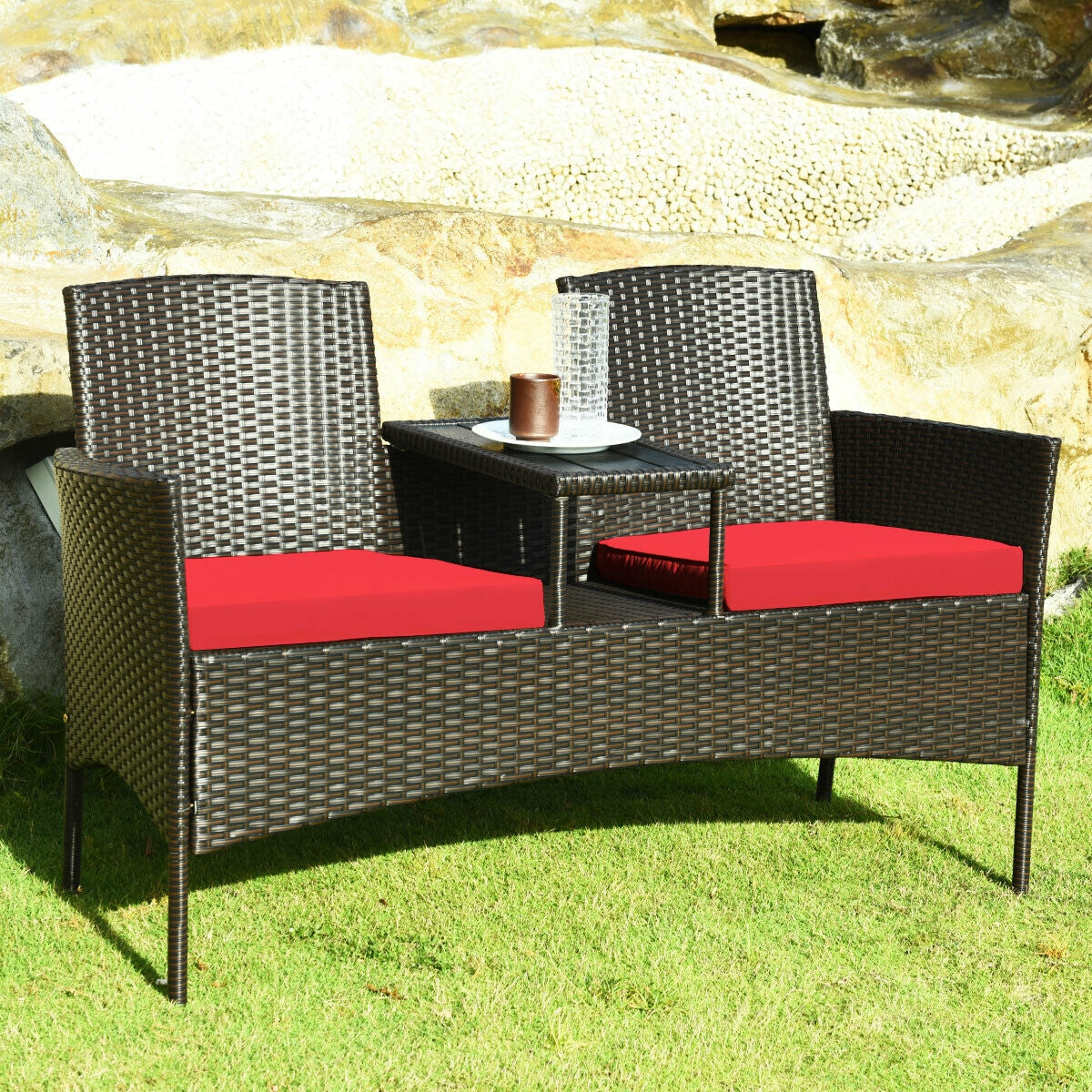 Modern 2-Piece Patio Conversation Set with Built-in Coffee Table & Thick Cushions - Red, displayed outdoors on grass with drinks on the coffee table, showcasing a cozy design.