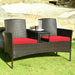 Modern 2-Piece Patio Conversation Set with Built-in Coffee Table & Thick Cushions - Red, displayed outdoors on grass with drinks on the coffee table, showcasing a cozy design.