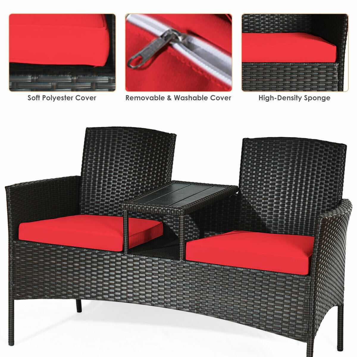 Close-up of Modern 2-Piece Patio Conversation Set with Built-in Coffee Table & Thick Cushions - Red featuring removable and washable cushion covers, enhancing comfort and ease of maintenance.
