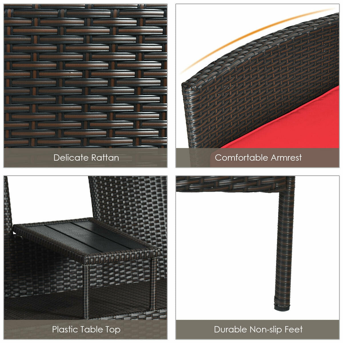 Details of Modern 2-Piece Patio Conversation Set with Built-in Coffee Table & Thick Cushions - Red including material highlights like delicate rattan, comfortable armrest, and durable non-slip feet.