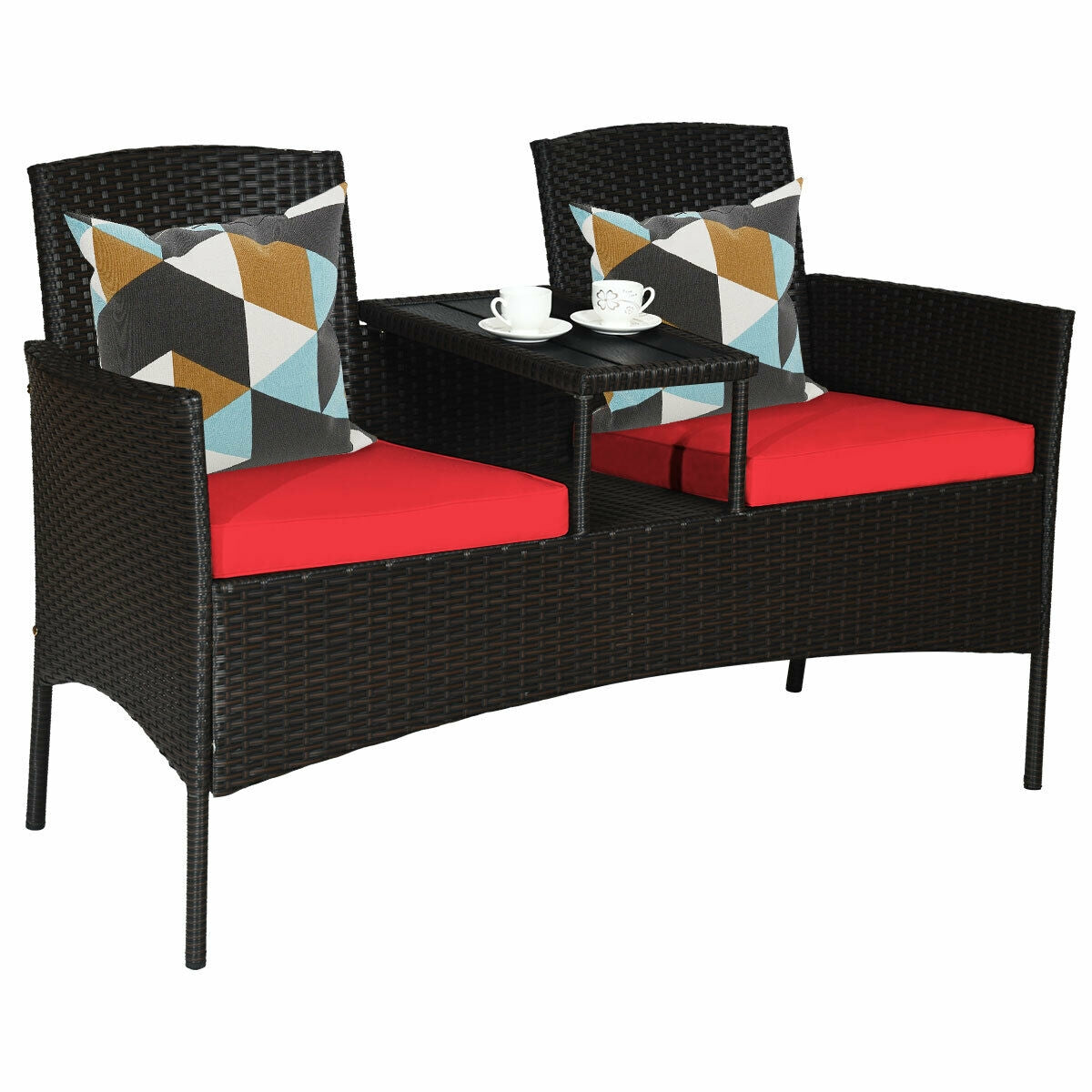 Modern 2-Piece Patio Conversation Set with Built-in Coffee Table & Thick Cushions - Red, featuring two stylish chairs with vibrant red cushions and a centered coffee table, ideal for outdoor relaxation.