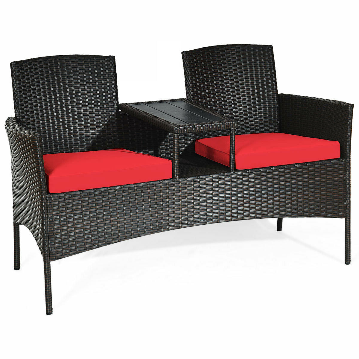 Modern 2-Piece Patio Conversation Set with Built-in Coffee Table & Thick Cushions - Red showcasing a stylish wicker loveseat with vibrant red cushions, ideal for outdoor relaxation.