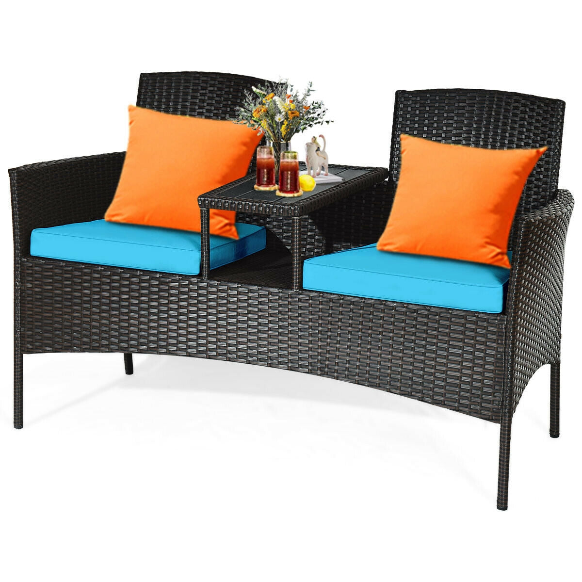 Modern 2-Piece Patio Conversation Set with Built-In Coffee Table & Cushions in Turquoise, set up with orange decorative pillows on a balcony with drinks and flowers.