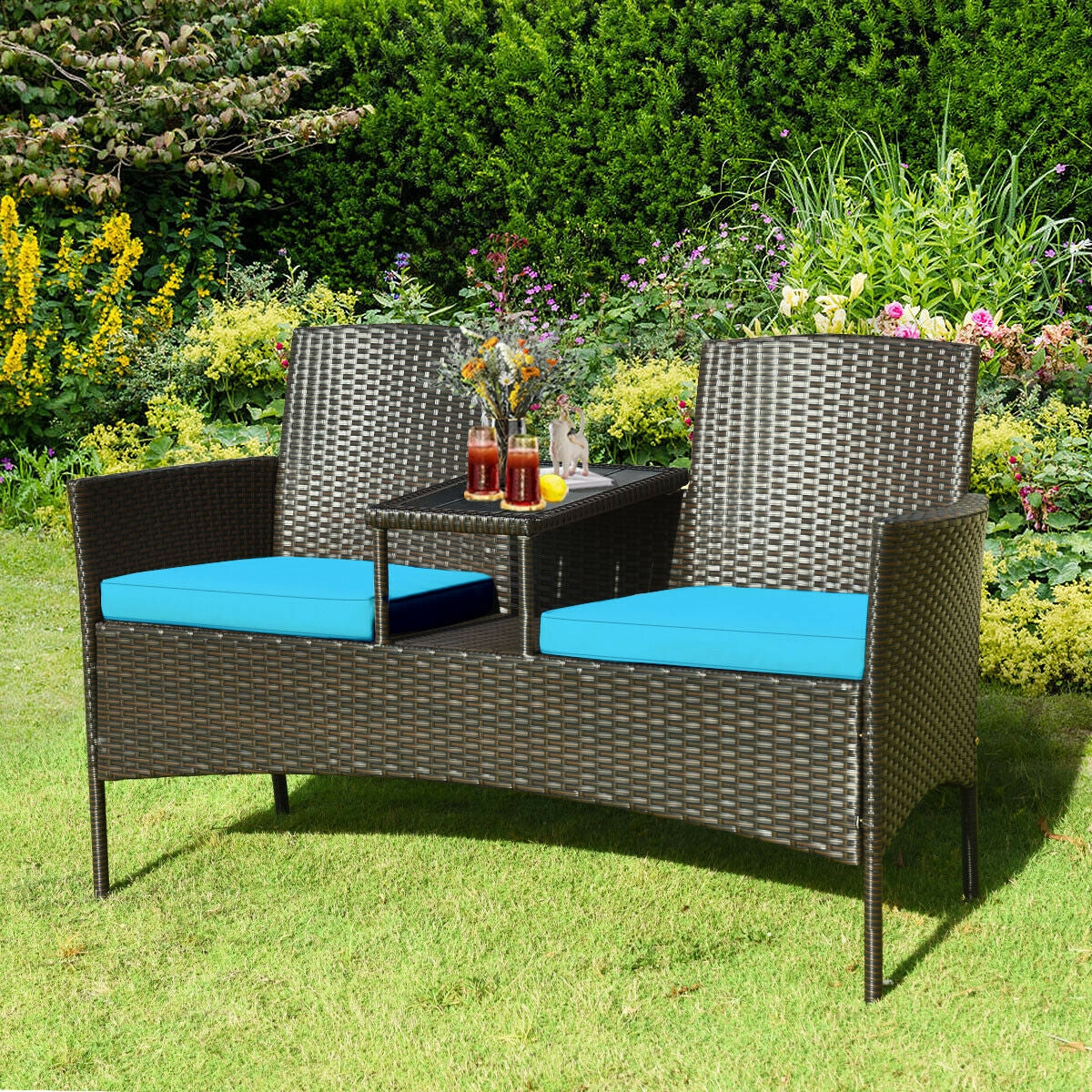 Modern 2-Piece Patio Conversation Set with Built-In Coffee Table & Cushions in Turquoise, featuring a chic outdoor arrangement ideal for relaxing in a garden.