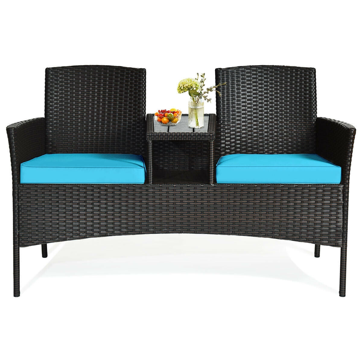 Modern 2-Piece Patio Conversation Set with Built-In Coffee Table & Cushions in Turquoise, showing a cozy arrangement with snacks and a vase of flowers on the built-in table.