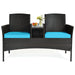 Modern 2-Piece Patio Conversation Set with Built-In Coffee Table & Cushions in Turquoise, showing a cozy arrangement with snacks and a vase of flowers on the built-in table.
