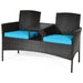Modern 2-Piece Patio Conversation Set with Built-In Coffee Table & Cushions in Turquoise, featuring a stylish black wicker loveseat with turquoise cushions.