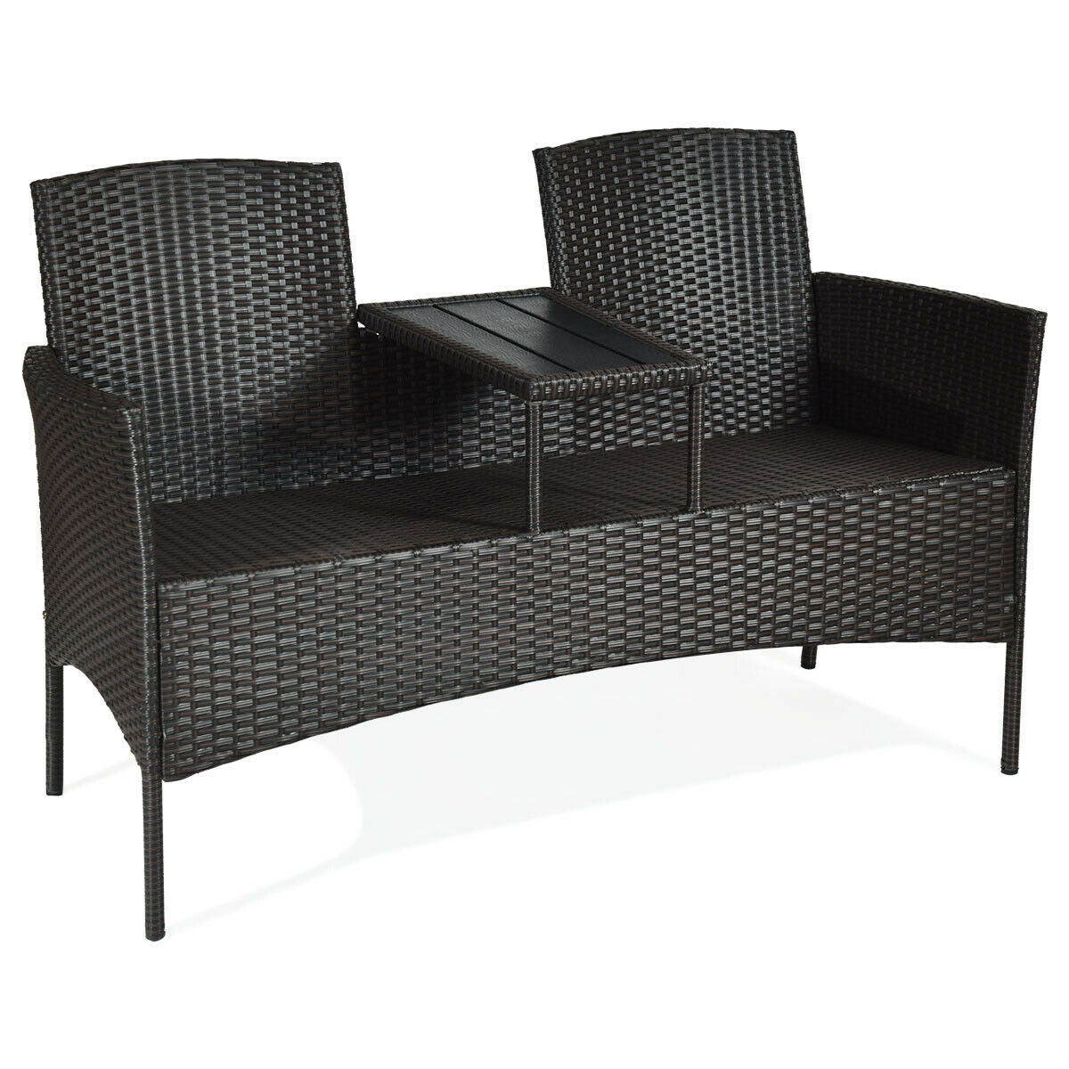 Modern 2-Piece Patio Conversation Set with Built-In Coffee Table & Cushions in Turquoise, showcasing a stylish rattan loveseat with a central table, perfect for outdoor leisure.