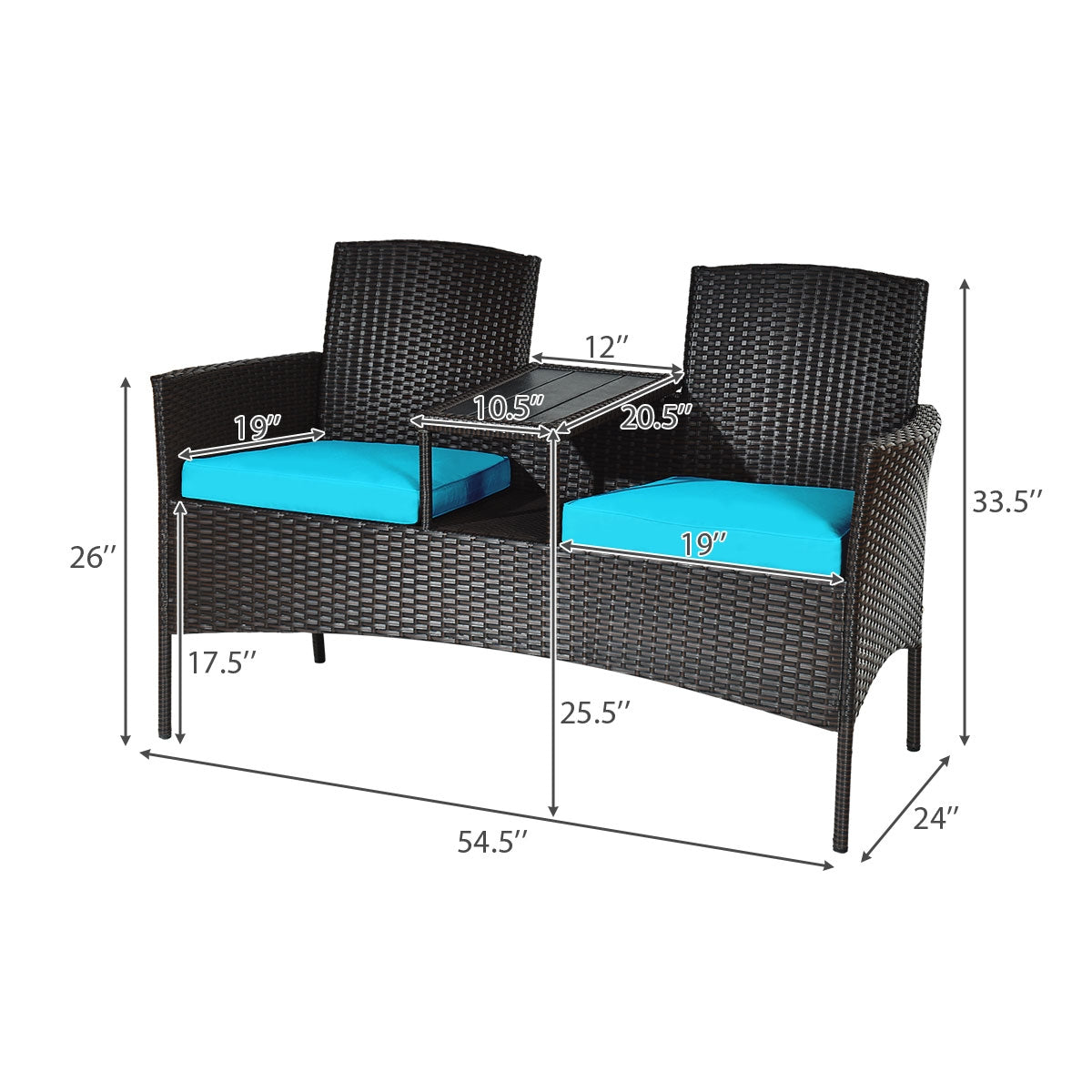 Dimensions of the Modern 2-Piece Patio Conversation Set with Built-In Coffee Table & Cushions in Turquoise, showcasing the size and structure of the black wicker loveseat.
