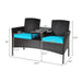 Dimensions of the Modern 2-Piece Patio Conversation Set with Built-In Coffee Table & Cushions in Turquoise, showcasing the size and structure of the black wicker loveseat.
