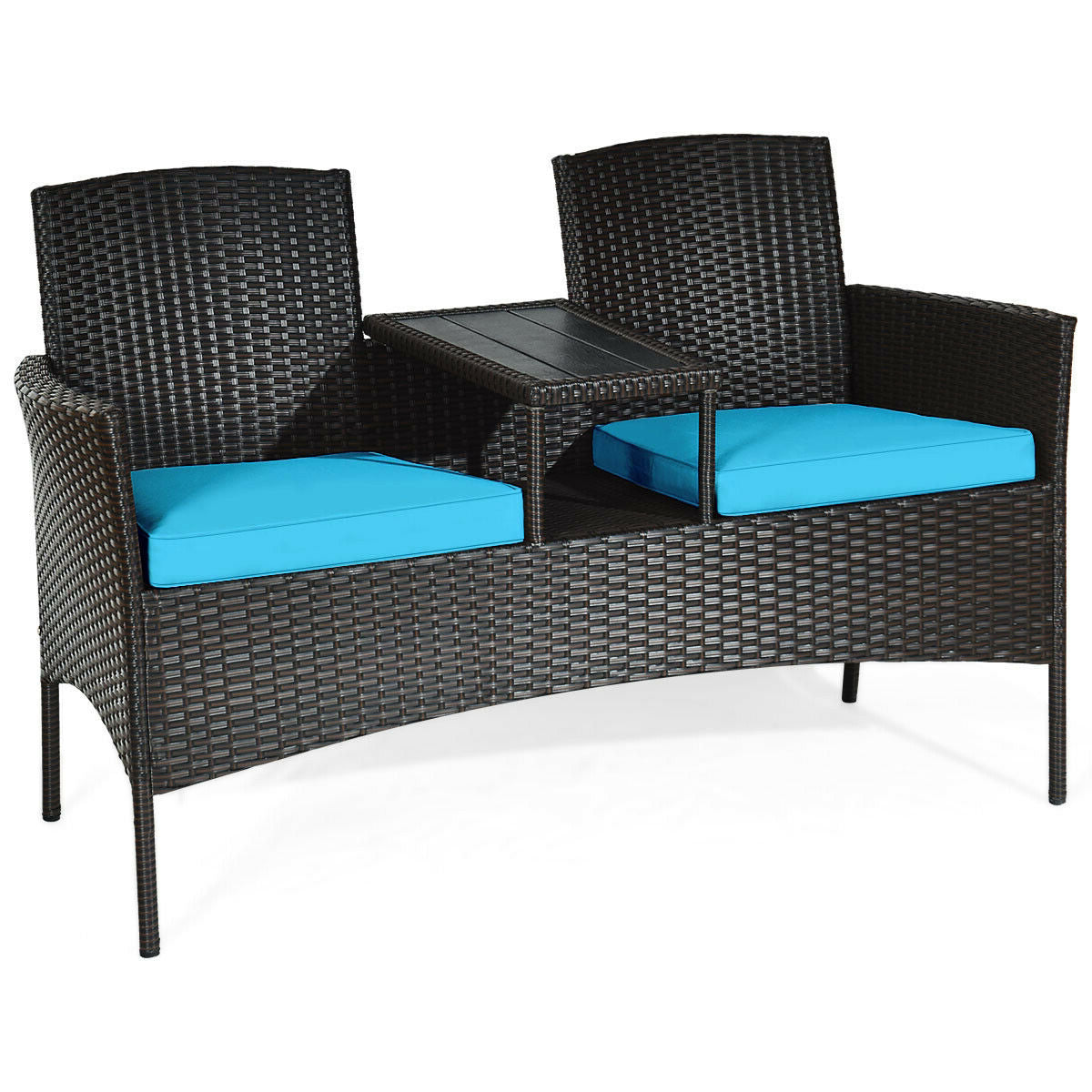 Modern 2-Piece Patio Conversation Set with Built-In Coffee Table & Cushions in Turquoise, highlighting a compact yet comfortable seating option for patios and balconies.