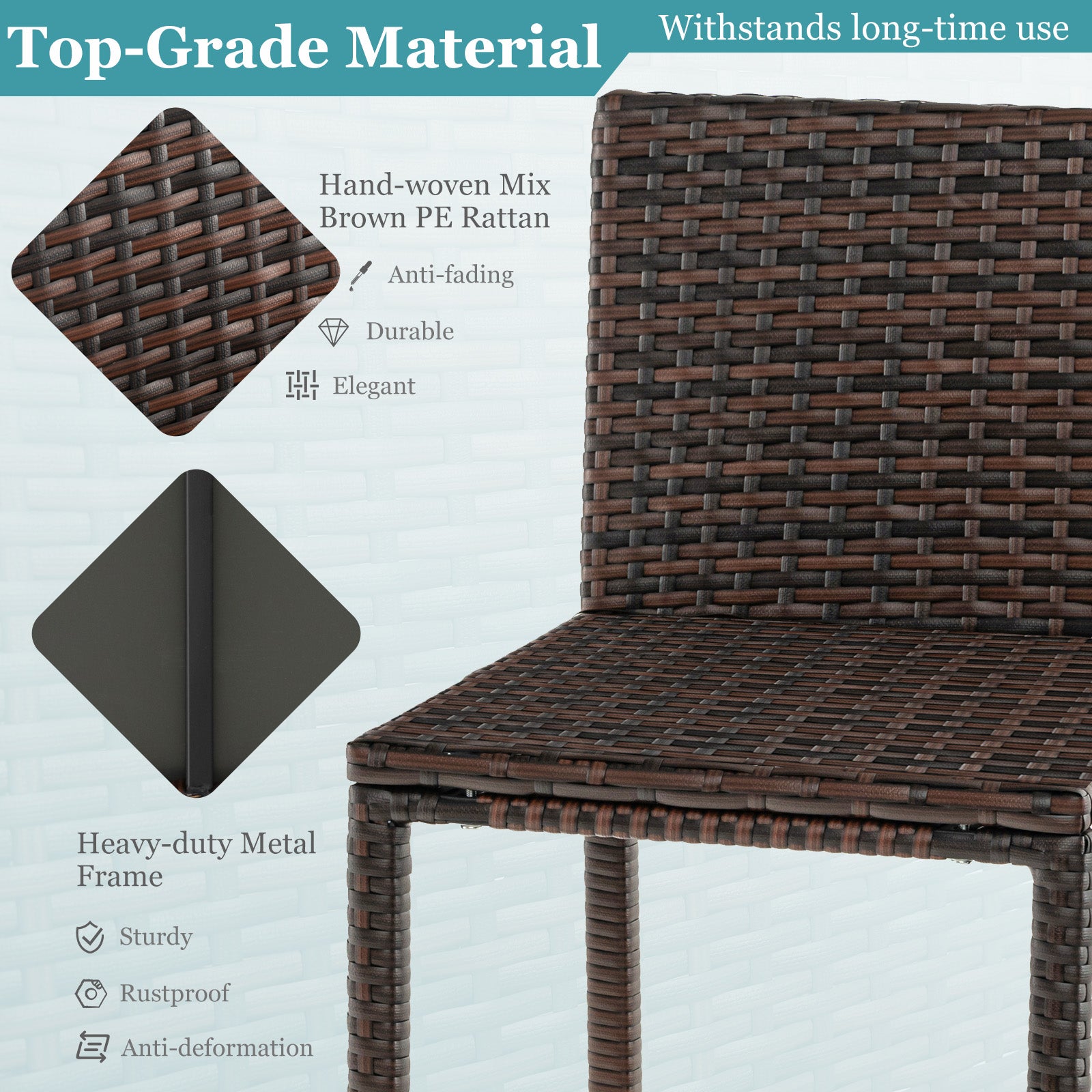 3-Piece Outdoor Wicker Bar Set showcasing top-grade materials like hand-woven brown PE rattan and a sturdy metal frame for long-lasting durability.