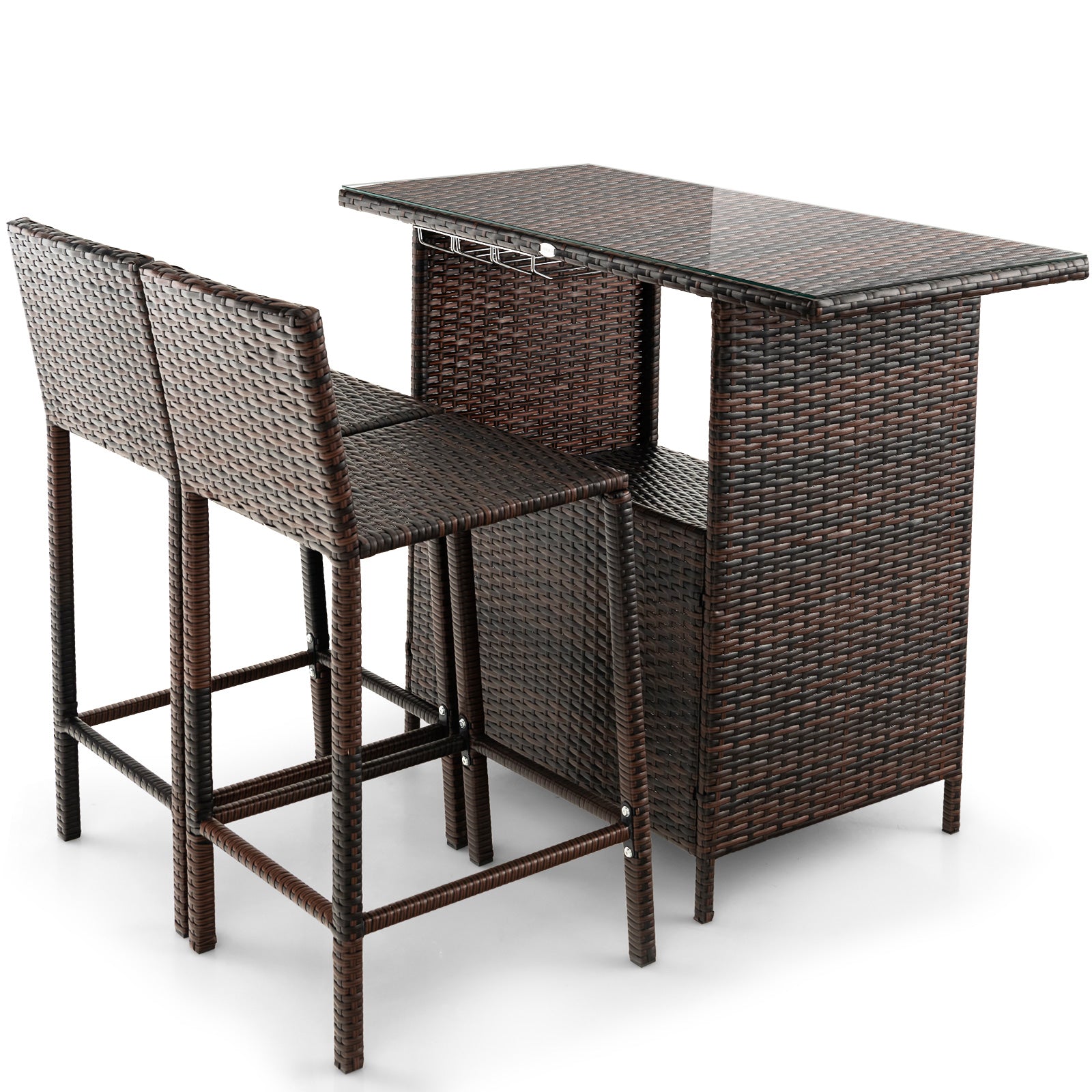 3-Piece Outdoor Wicker Bar Set with 3-Row Stemware Racks, Comfortable Seating & Durable Frame showcasing the bar table and chairs with a modern design, perfect for outdoor gatherings.