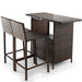 3-Piece Outdoor Wicker Bar Set with 3-Row Stemware Racks, Comfortable Seating & Durable Frame showcasing the bar table and chairs with a modern design, perfect for outdoor gatherings.