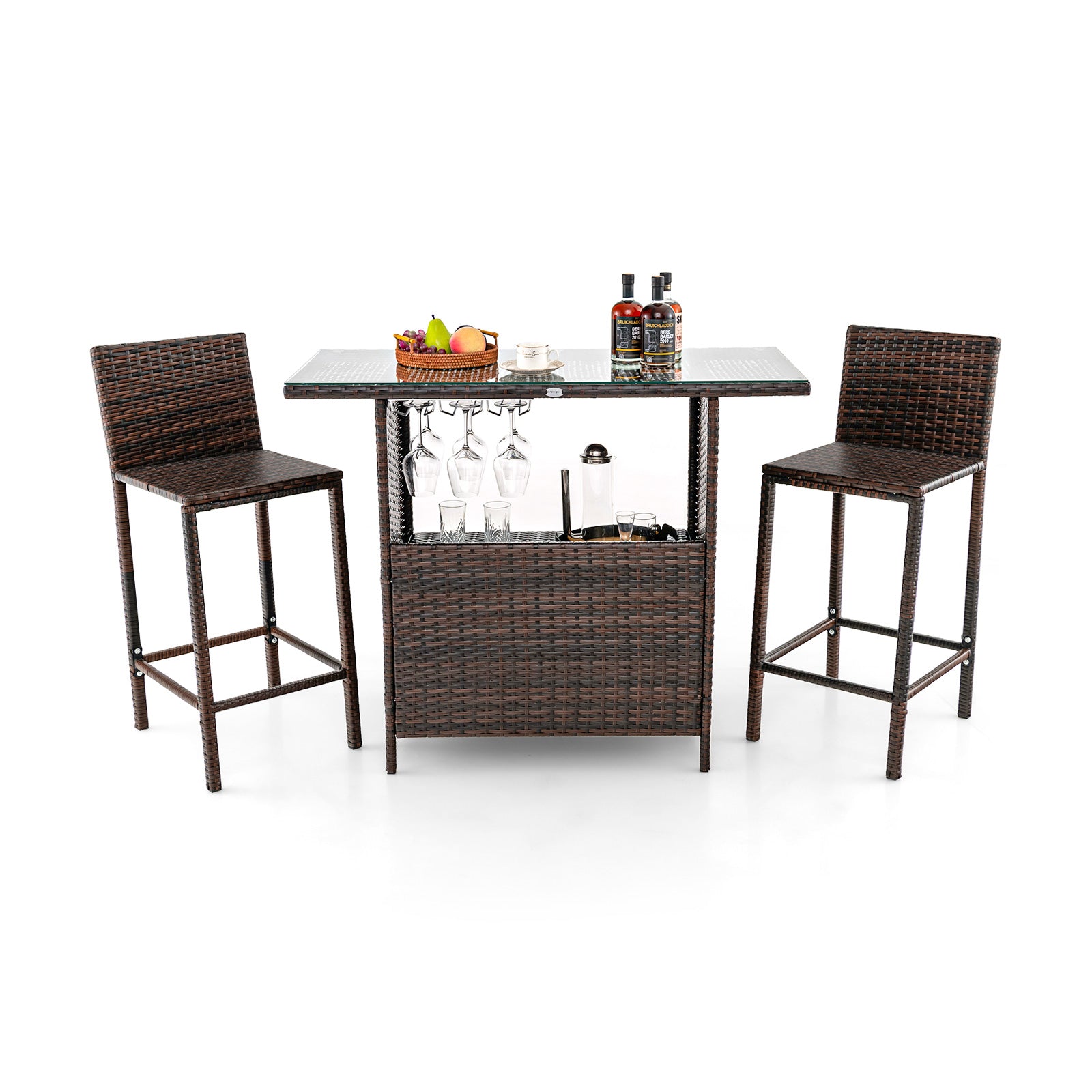 3-Piece Outdoor Wicker Bar Set with 3-Row Stemware Racks, Comfortable Seating & Durable Frame displayed in a bright setting, highlighting the integrated storage for drinks and snacks.