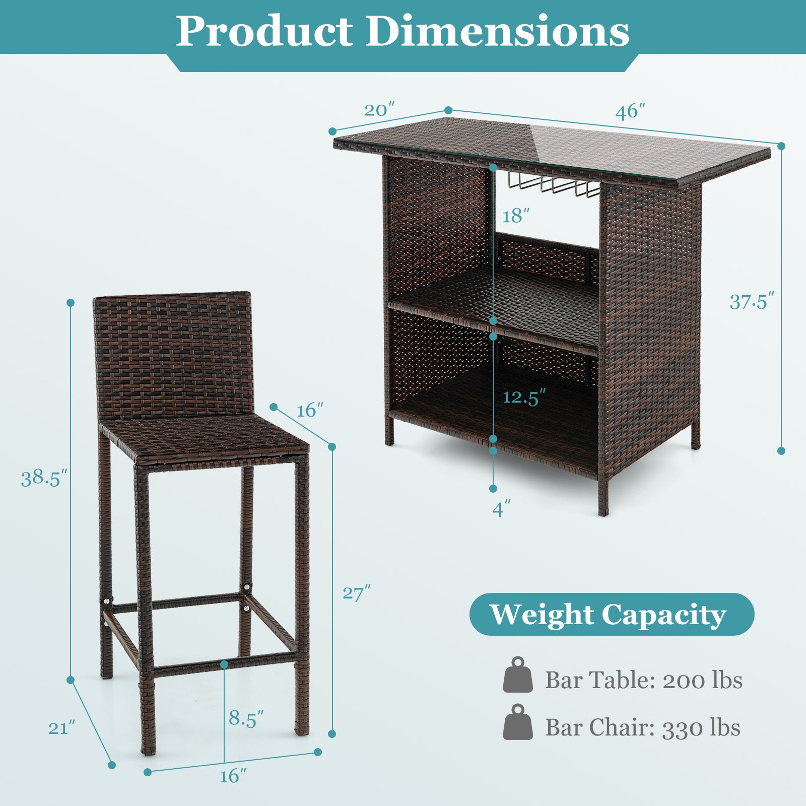 3-Piece Outdoor Wicker Bar Set with 3-Row Stemware Racks, Comfortable Seating & Durable Frame with clear product dimensions overlaid, showcasing its compact design for outdoor use.