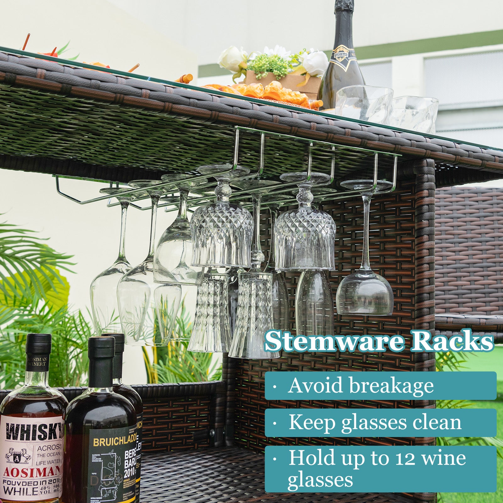 3-Piece Outdoor Wicker Bar Set featuring 3-Row Stemware Racks, designed to hold up to 12 glasses securely, with emphasis on maintaining glass safety.