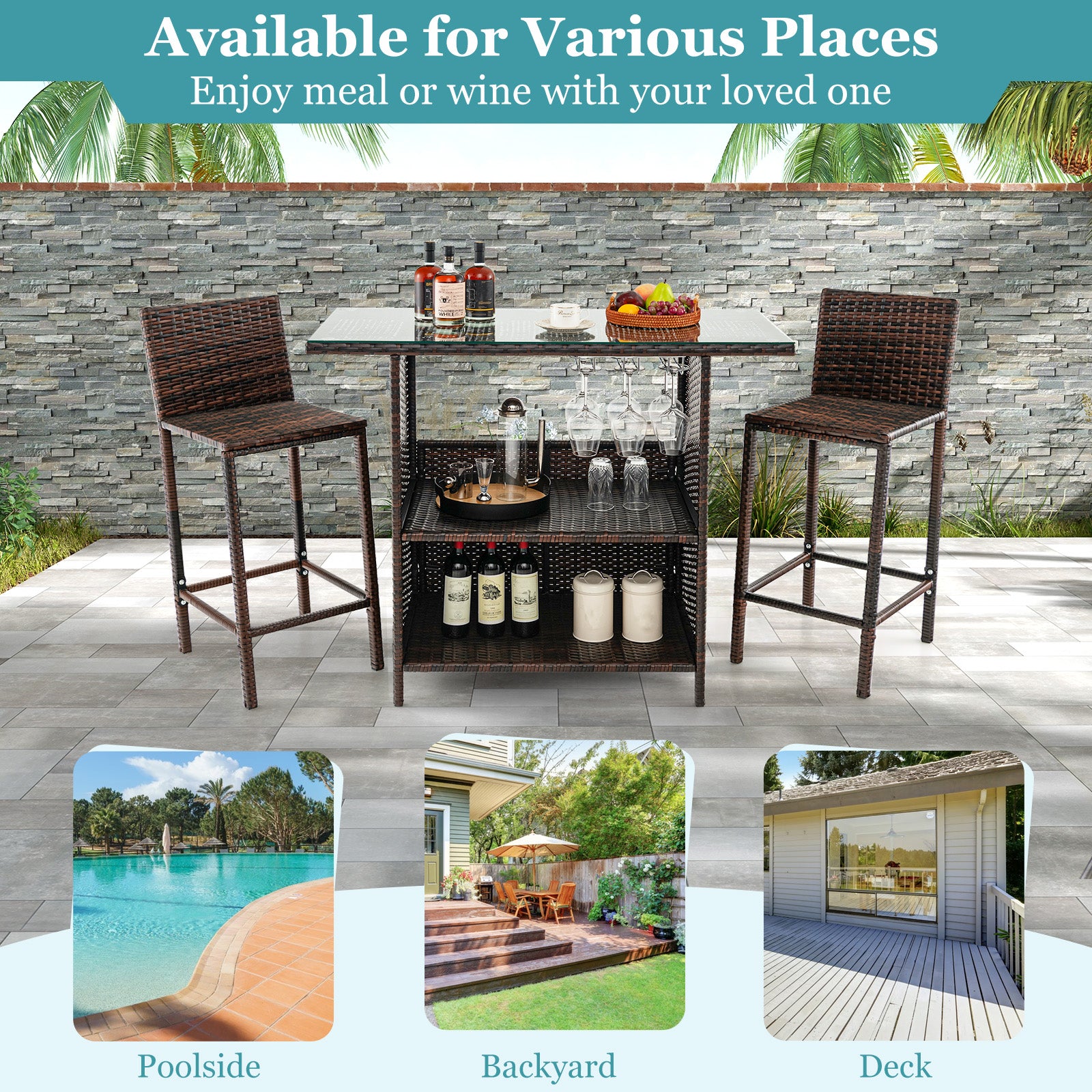 3-Piece Outdoor Wicker Bar Set ideal for various outdoor settings such as poolside, backyard, or deck, perfect for enjoying meals or wine with loved ones.