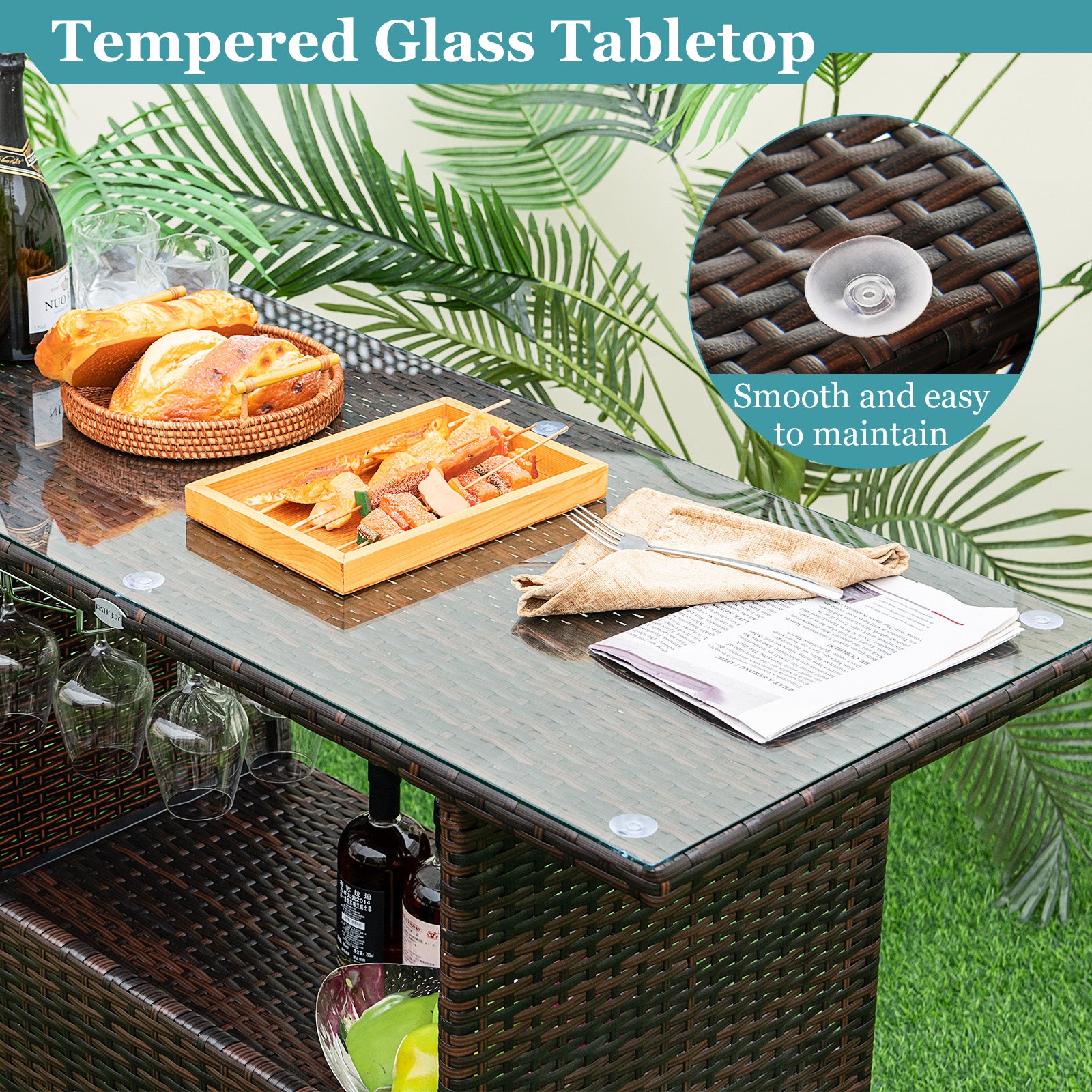 3-Piece Outdoor Wicker Bar Set with 3-Row Stemware Racks, Comfortable Seating & Durable Frame emphasizing the tempered glass tabletop, suited for entertaining with friends.