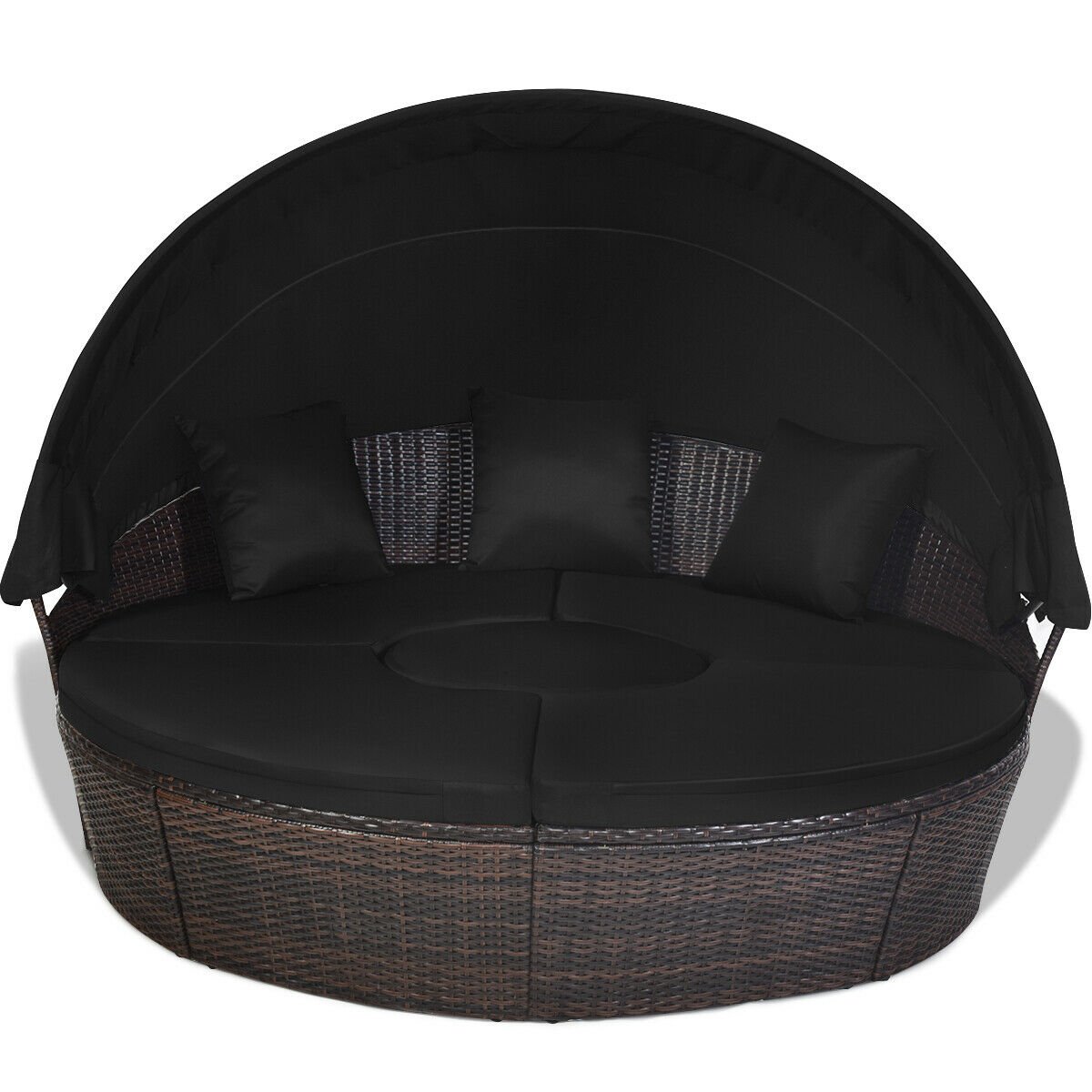 Stylish Black Rattan Round Daybed with Retractable Canopy and soft cushions, perfect for outdoor lounging and entertaining.
