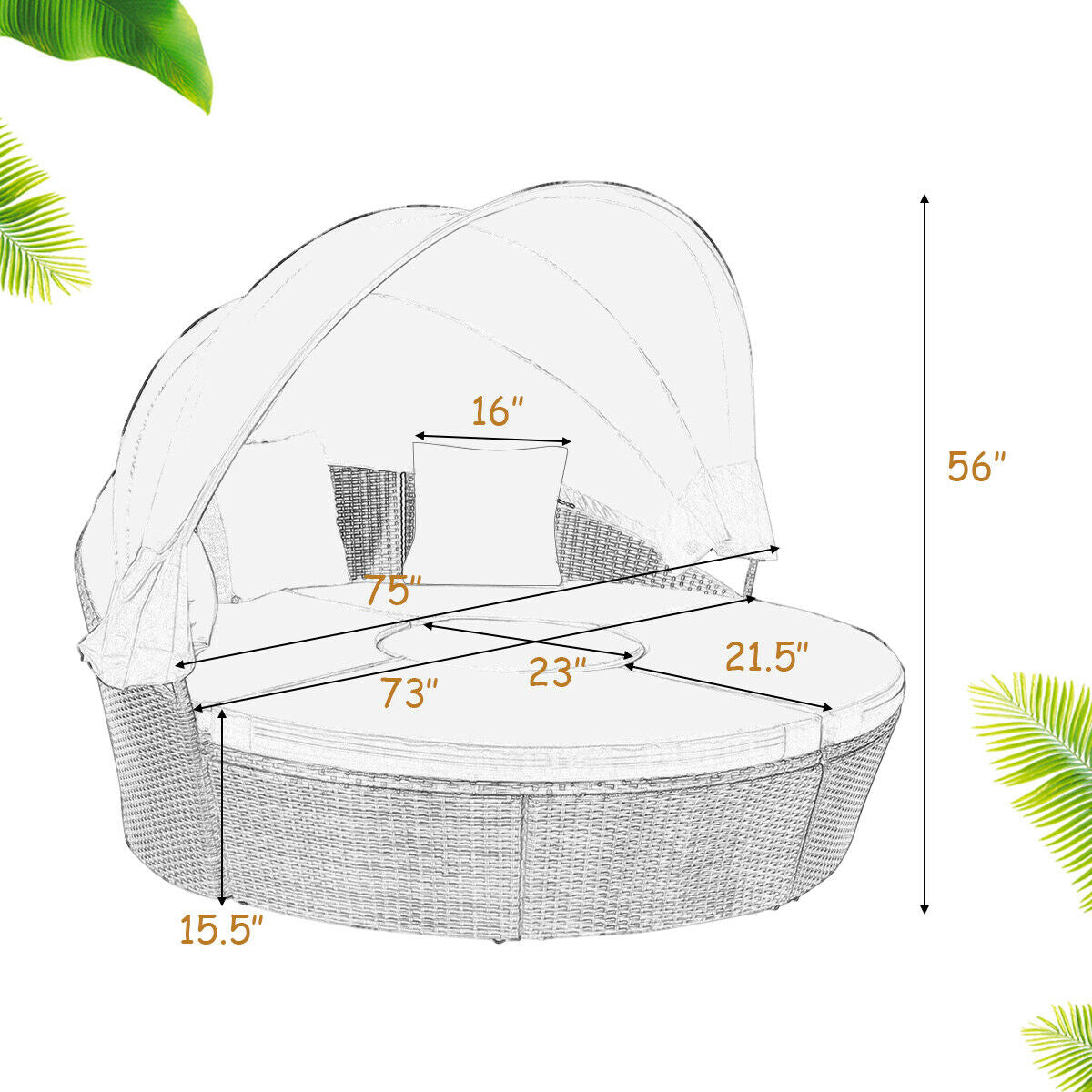 Dimensions and design sketch of the Black Rattan Round Daybed with Retractable Canopy, showcasing its versatile and adjustable features.