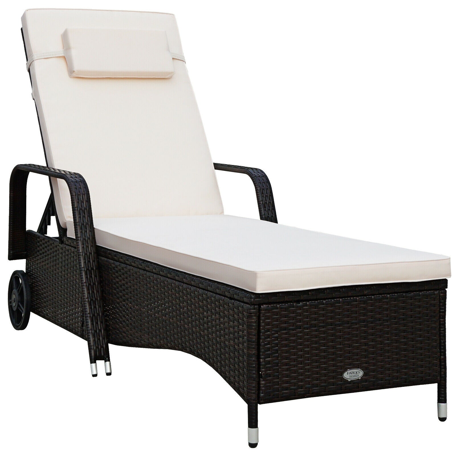 Adjustable Outdoor Chaise Lounge Chair with Cushions - 6 Positions, Weatherproof Rattan, Wheels, featuring elegant design and comfortable cushions.