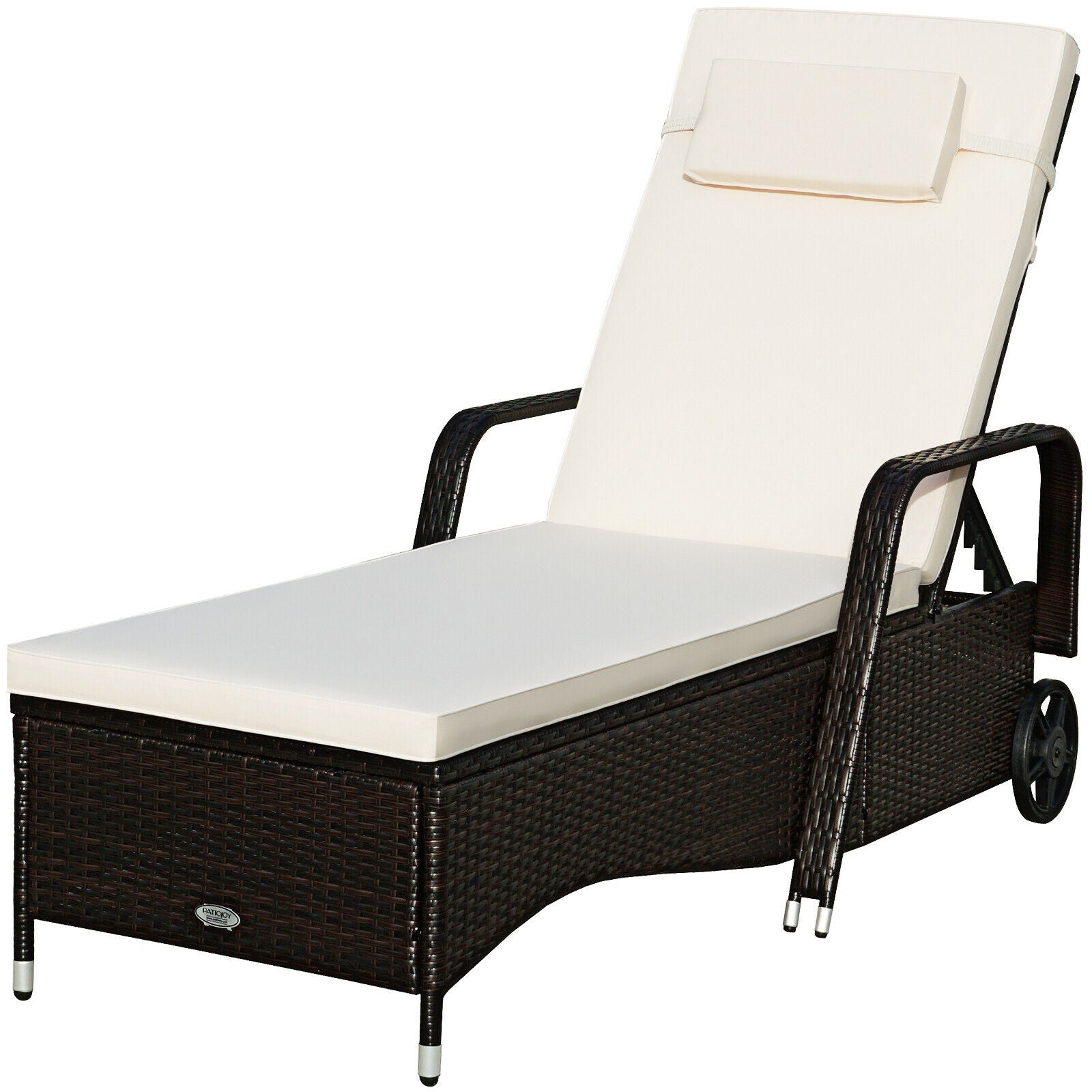 Adjustable Outdoor Chaise Lounge Chair with Cushions - 6 Positions, Weatherproof Rattan, Wheels, showcasing a stylish side view with cushioned support.