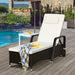 Adjustable Outdoor Chaise Lounge Chair with Cushions, showcasing six positions and weatherproof rattan, set beside a swimming pool with a refreshing drink.