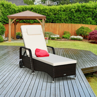 Adjustable Outdoor Chaise Lounge Chair with Cushions displayed in a backyard environment, highlighting its six adjustable positions, weather-resistant rattan design, and comfortable cushions.